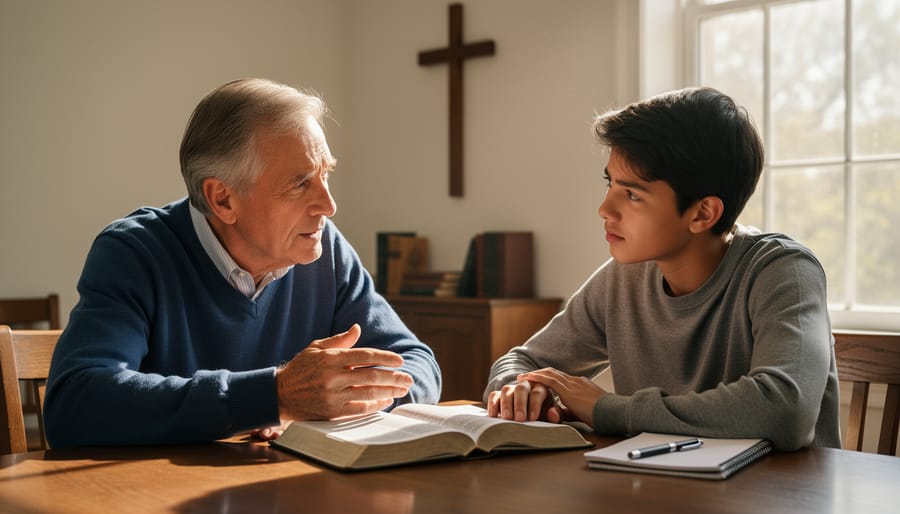 Mentor figure placing a reassuring hand on a younger person’s shoulder outdoors