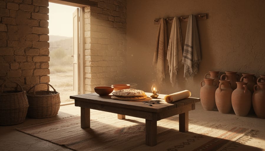 Household items and pottery laid out in a stone courtyard kitchen setting