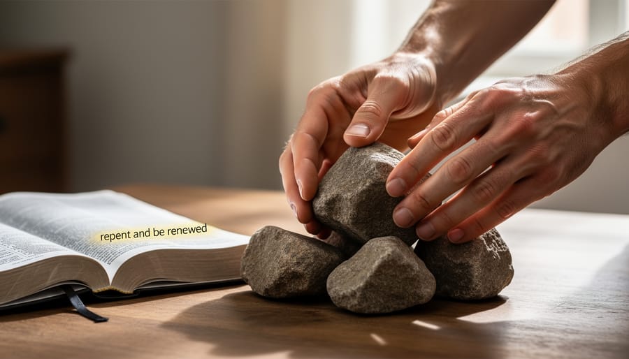 Hands placing stones down beside an open Bible on a wooden surface, symbolizing repentance and relief.