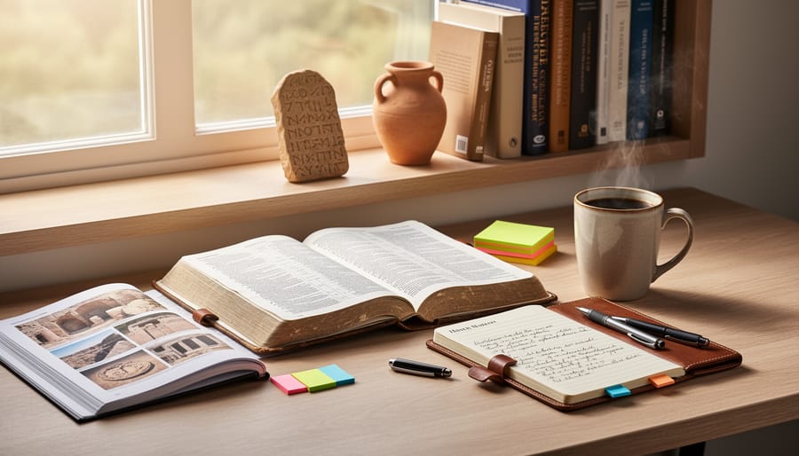 Hands turning pages in a study Bible while taking notes in a notebook